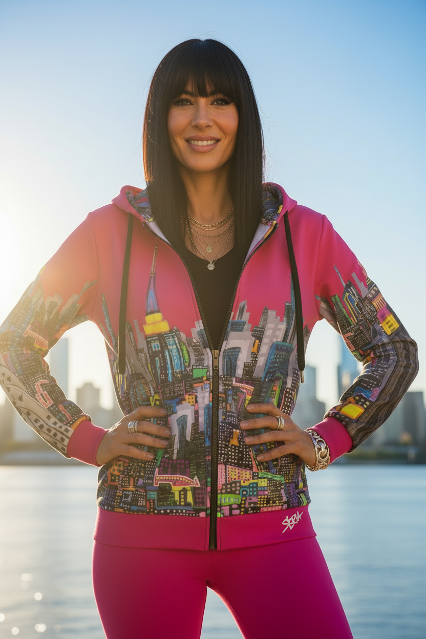Woman wearing a pink hoodie with cityscape Loria NYC Art design outdoors by water
