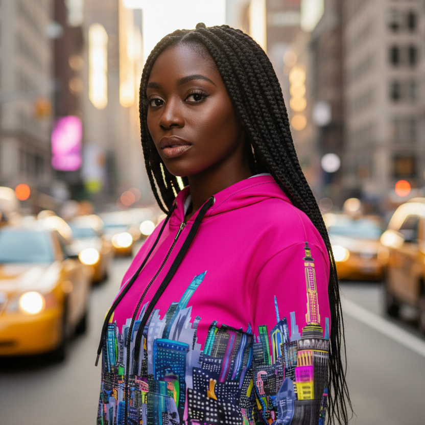 Woman in a colorful Loria NYC Art jacket fuchsia and pink hoodie standing in a city street with taxis in the background