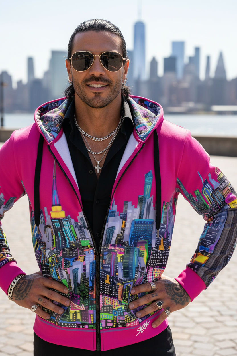 Person wearing a colorful hoodie with cityscape Loria NYC Art design in an urban setting