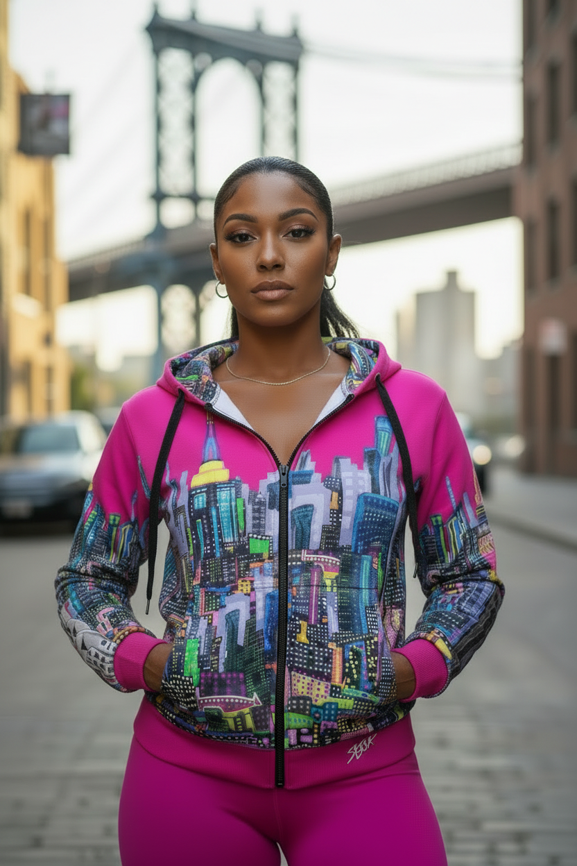 Woman wearing a pink hoodie with a cityscape design in an urban setting