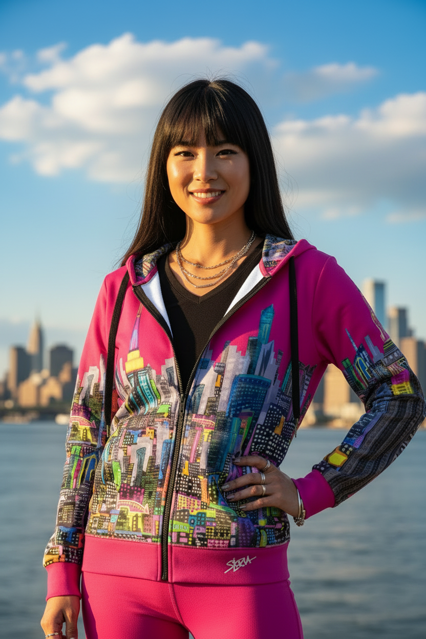 Woman wearing a colorful jacket with a cityscape Loria NYC Art design by a waterfront with a city skyline in the background.