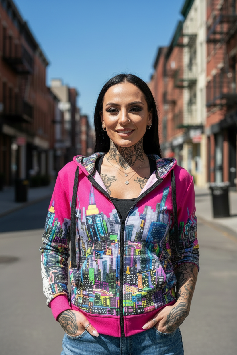 Woman wearing a colorful Loria NYC Art hoodie with a cityscape design on a street.