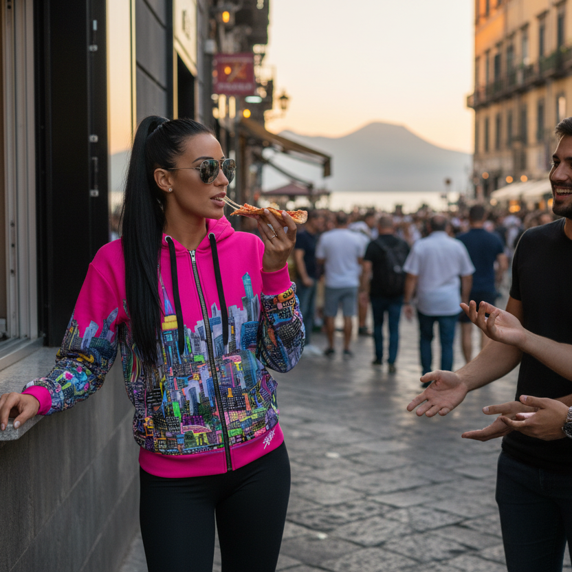 Woman in colorful Loria NYC Art jacket interacting with two men on a city street.