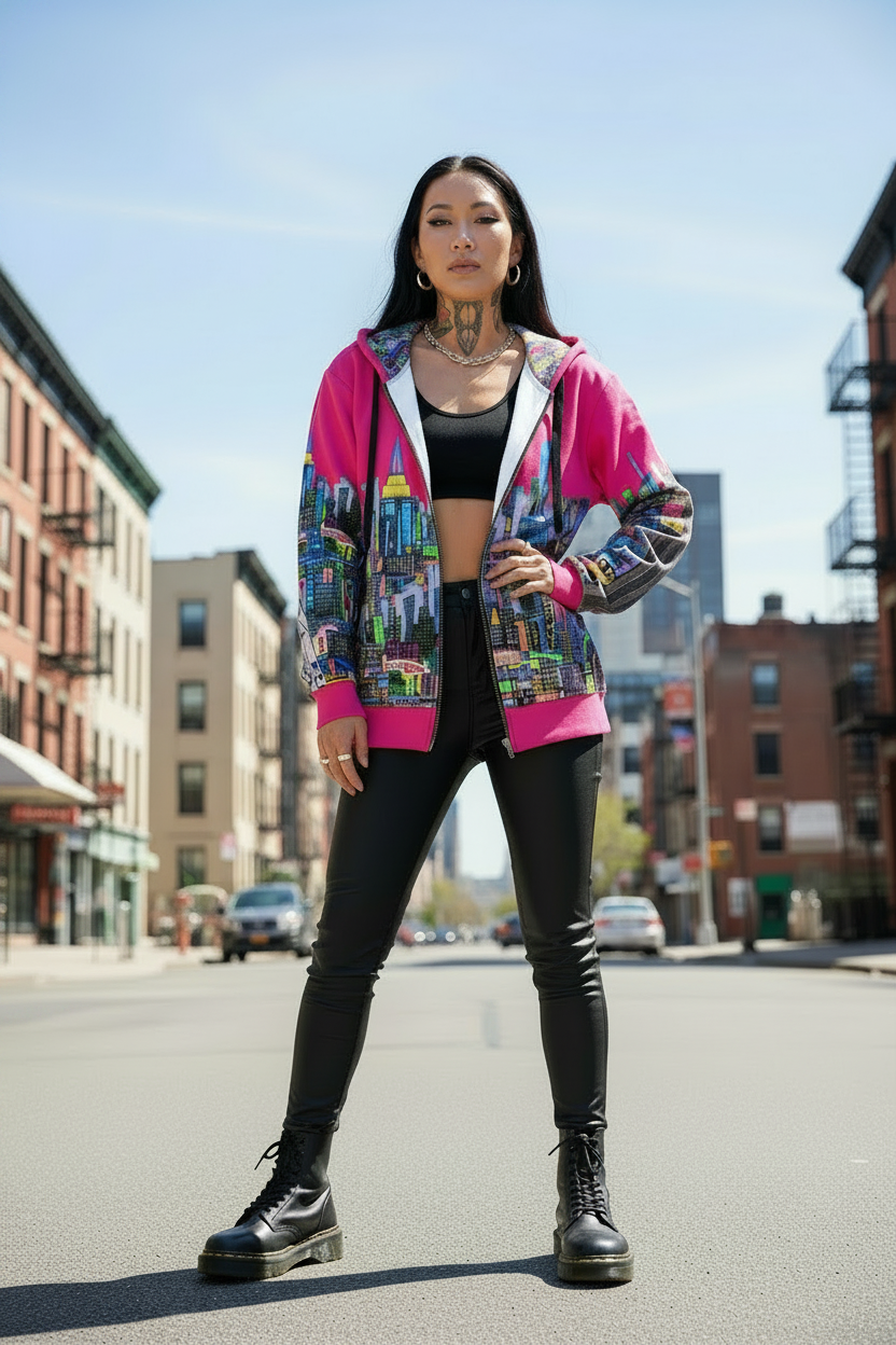 Person wearing a colorful jacket with a cityscape Loria NYC Art design on a street.