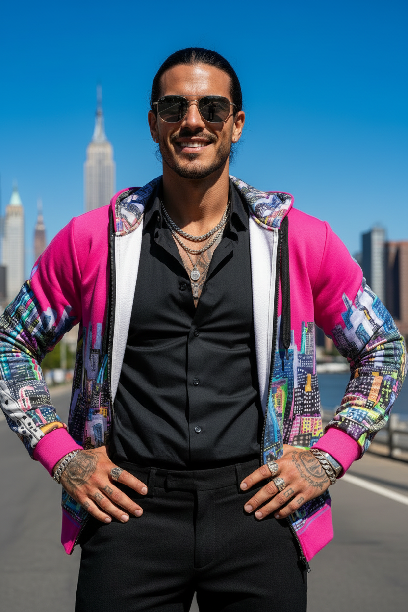 Man wearing a colorful hoodie with a cityscape Loria NYC Art design, standing in an urban setting.
