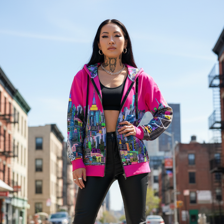 Woman wearing a colorful jacket with a cityscape Loria NYC Art design on a city street.