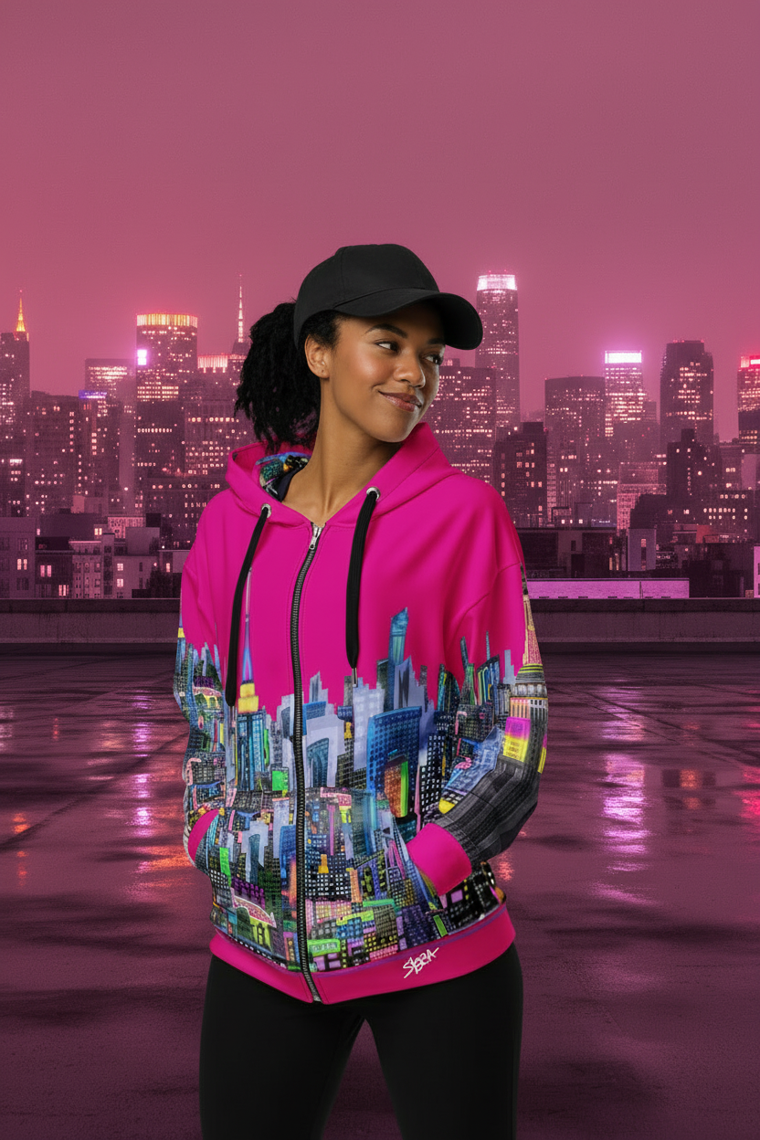 Person wearing a colorful hoodie with a cityscape Loria NYC Art design against a pink-tinted city skyline.