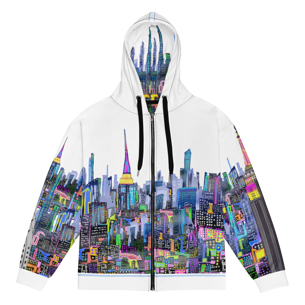Hoodie with a colorful Loria NYC Art cityscape design on a white background