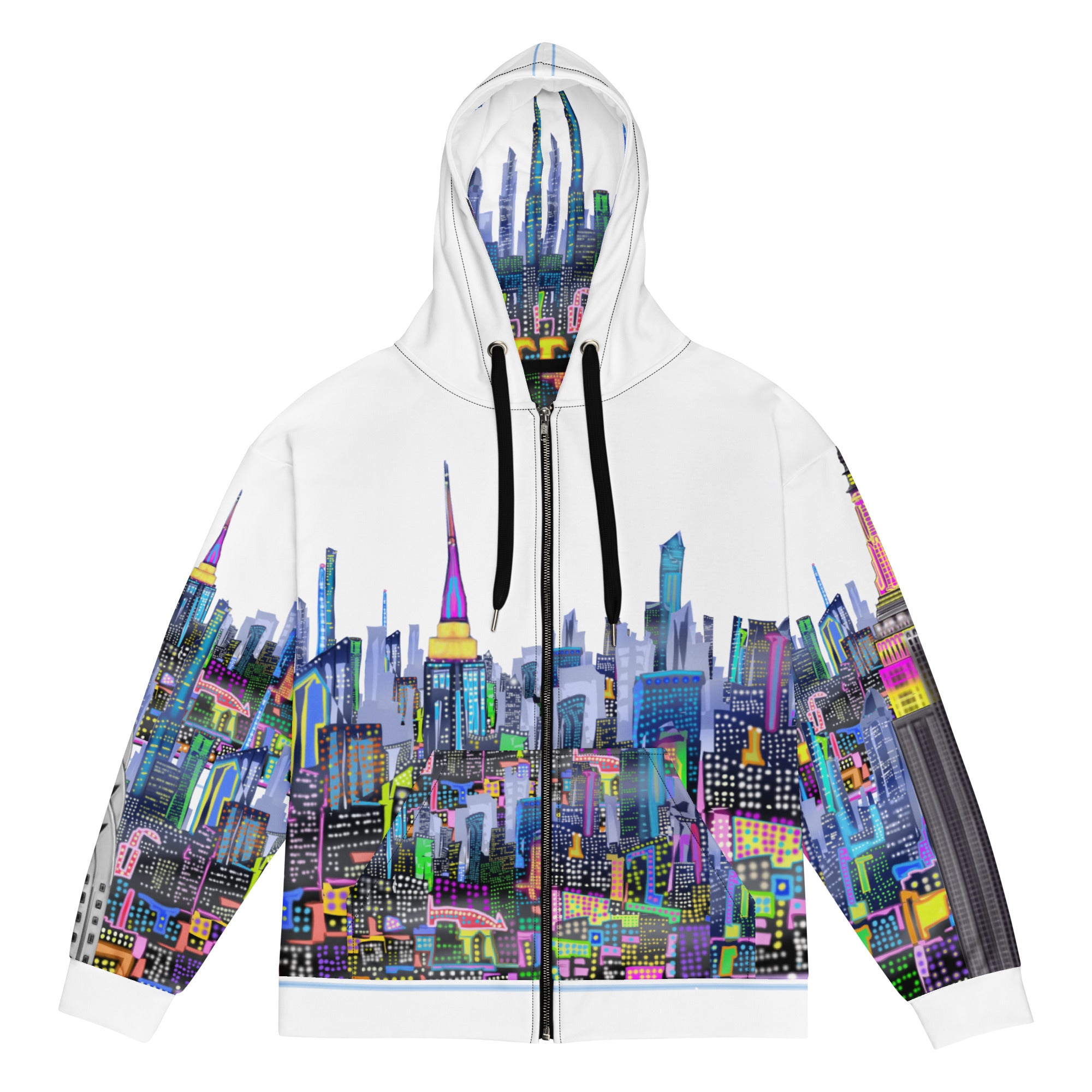 Hoodie with a colorful Loria NYC Art cityscape design on a white background