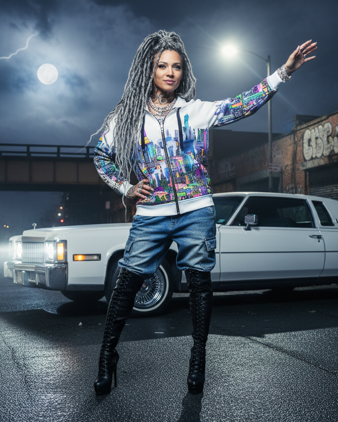 Person in a colorful Loria NYC Art jacket standing in front of a white car on a dark street with lightning in the background