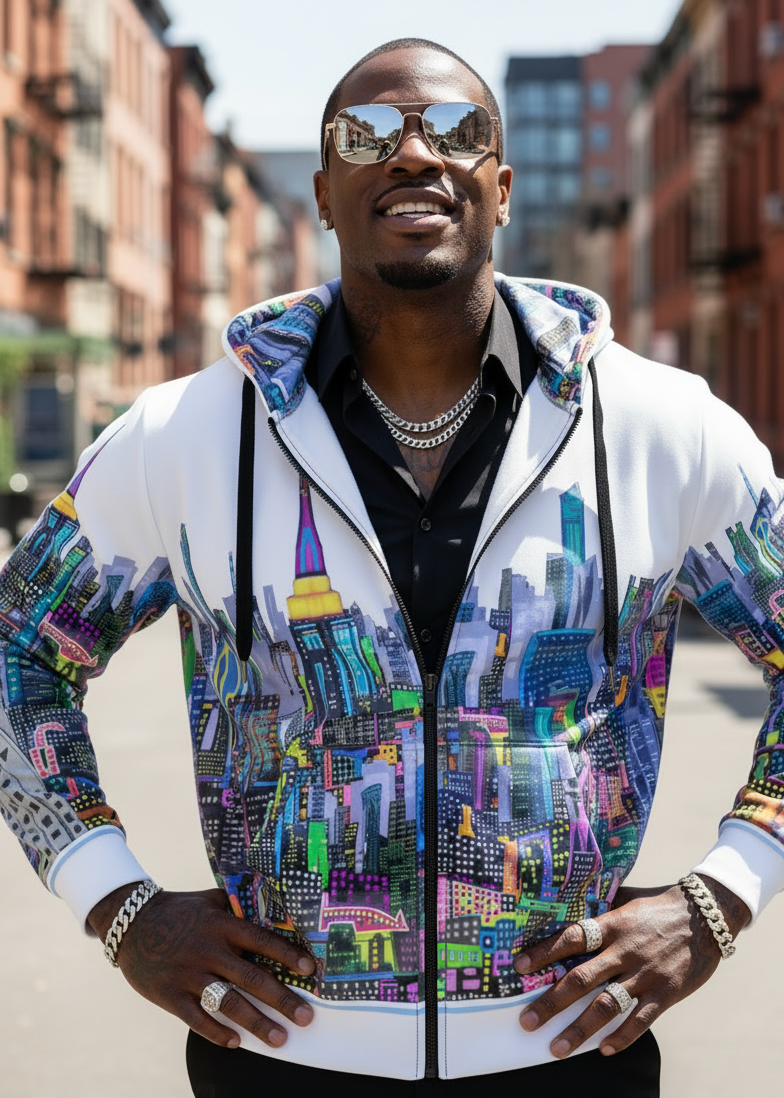 Man wearing a colorful hoodie with a cityscape Loria NYC Art design on a street.