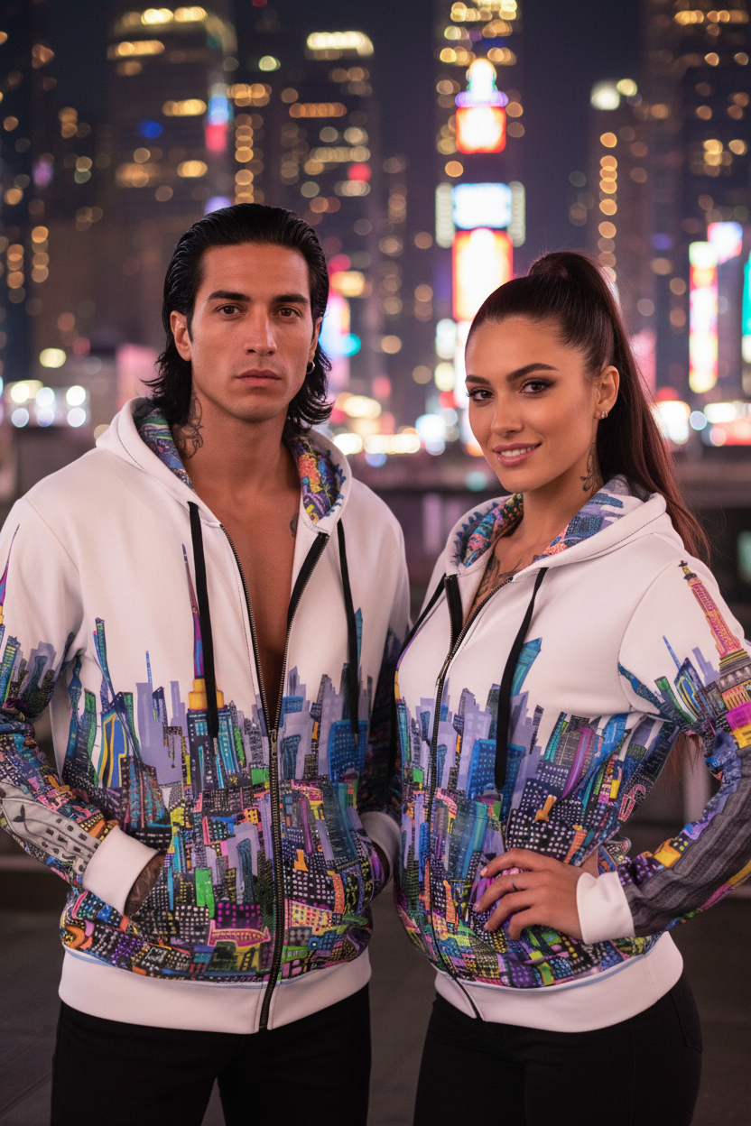 Two people wearing matching Loria NYC Art hoodies with cityscape design against a night cityscape background