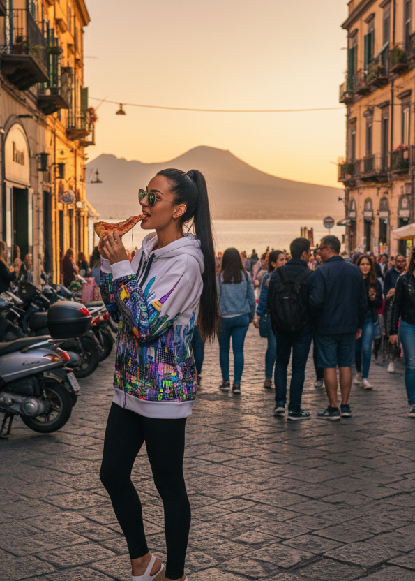 Girl eating pizza wearing a colorful Loria NYC Art hoodie in an Italian town with a scenic background