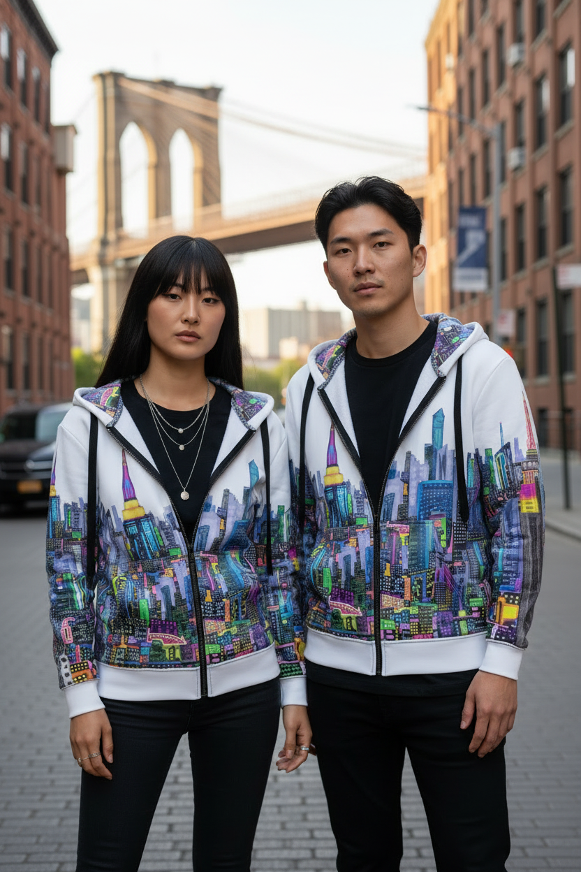 Two people wearing Loria NYC Art colorful cityscape hoodies with a bridge in the background.