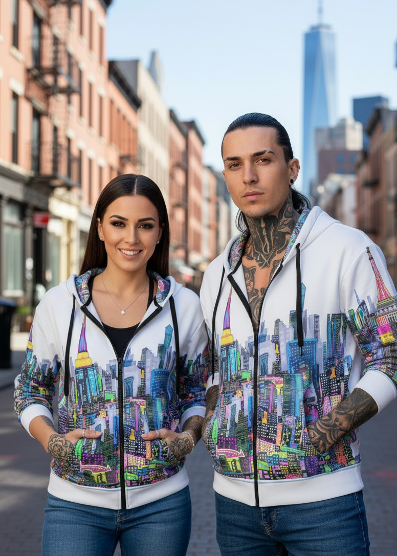 Two people wearing colorful Loria NYC Art cityscape hoodies on a street with buildings in the background