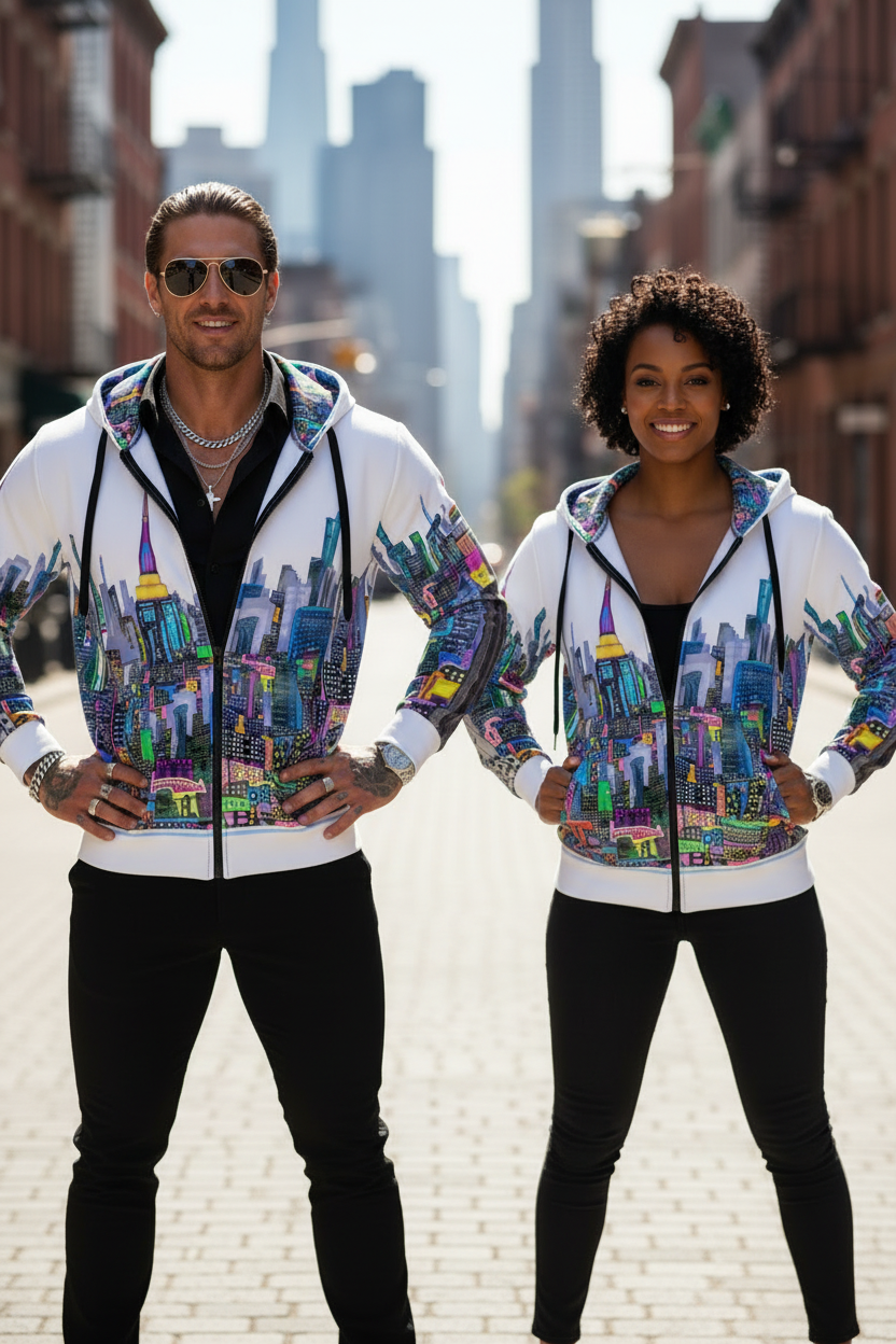 Two people wearing colorful Loria NYC Art cityscape hoodies with an urban skyline in the background.