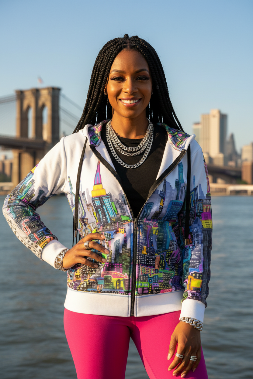 Woman wearing a colorful jacket with cityscape Loria NYC Art design by a waterfront with a bridge in the background