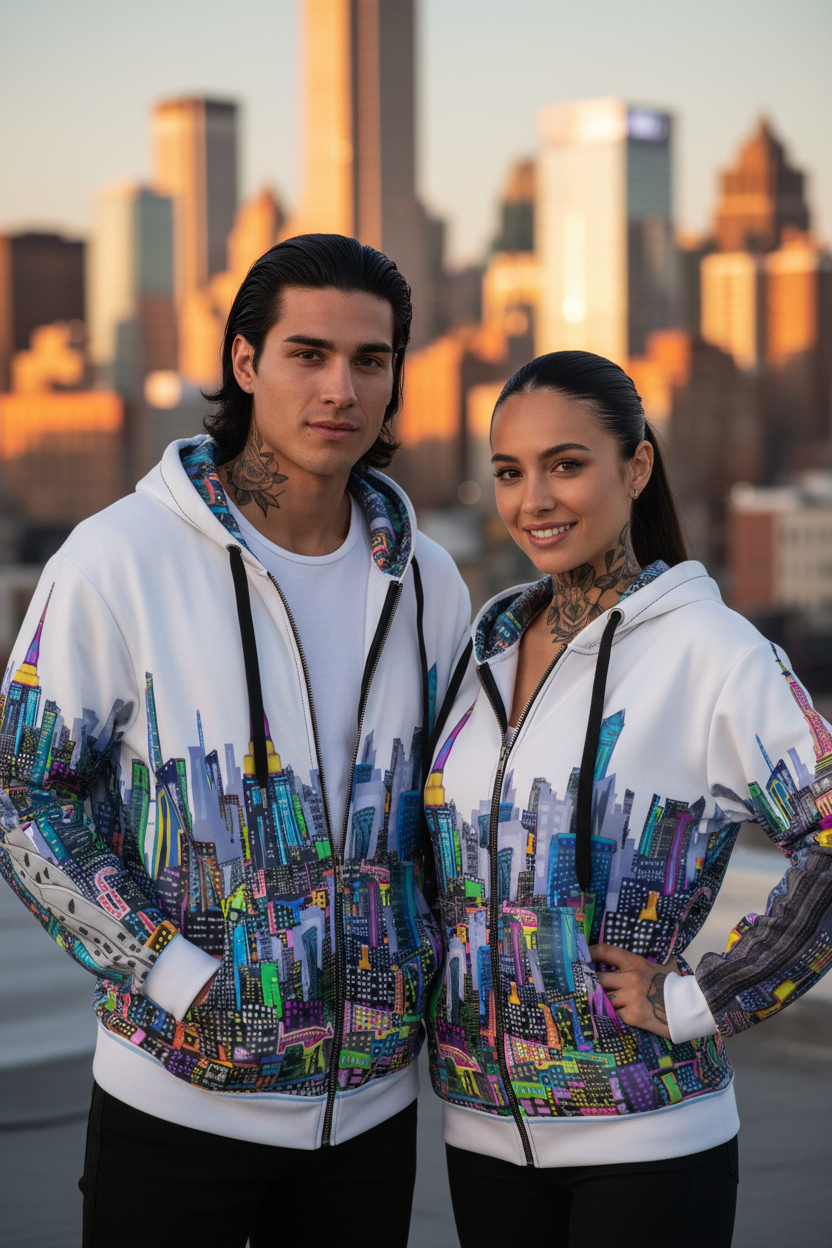 Two people wearing matching cityscape-themed Loria NYC Artbhoodies with a city skyline in the background.