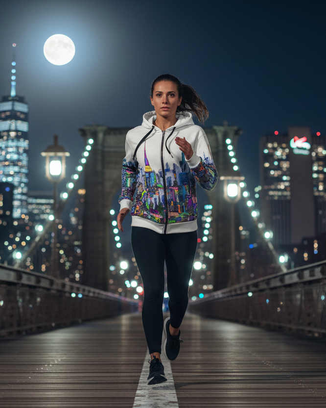 Woman running on a bridge at night wearing a white city skyline Loria NYC Art hoodie with buildings in background