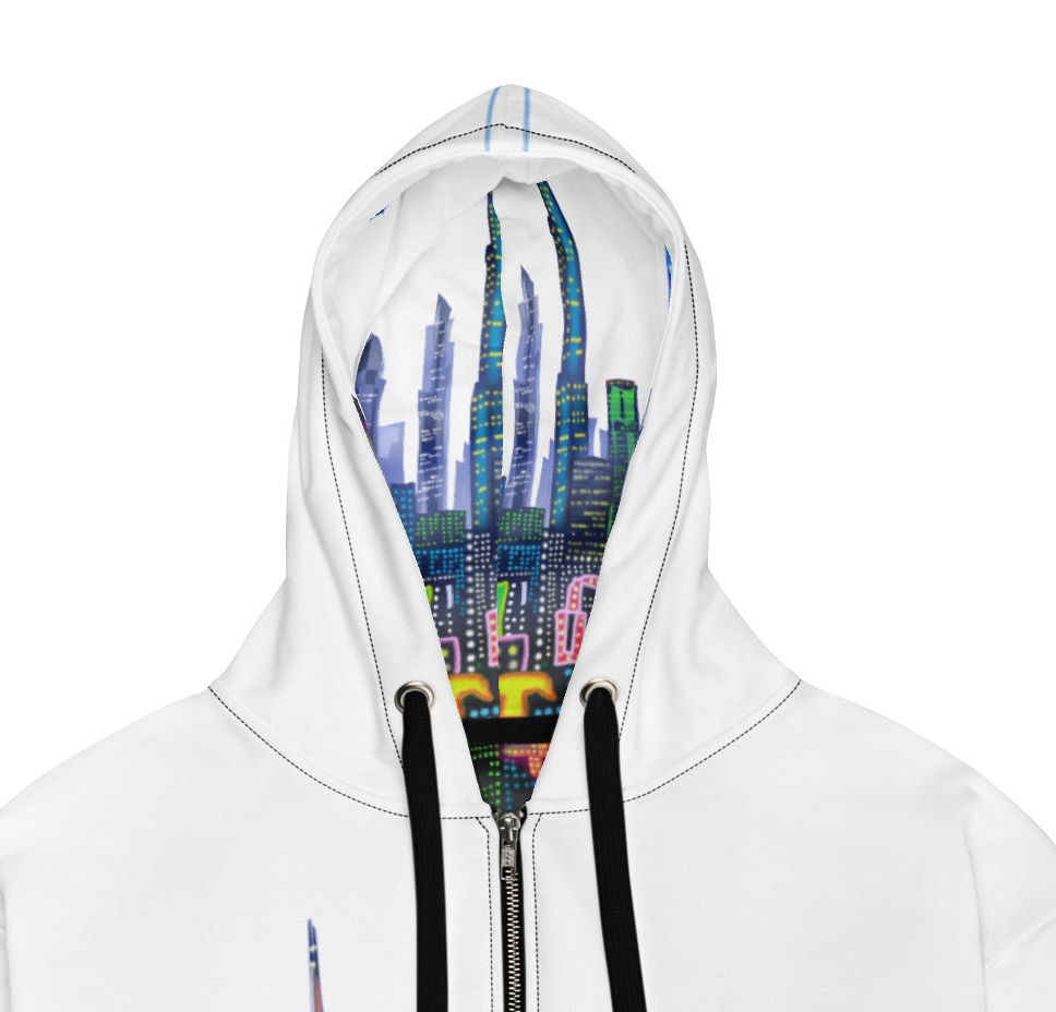 White hoodie with a colorful cityscape Loria NYC Art design on the hood against a white background