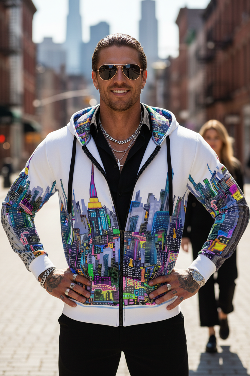 Man wearing a colorful cityscape Loria NYC Art hoodie on a city street