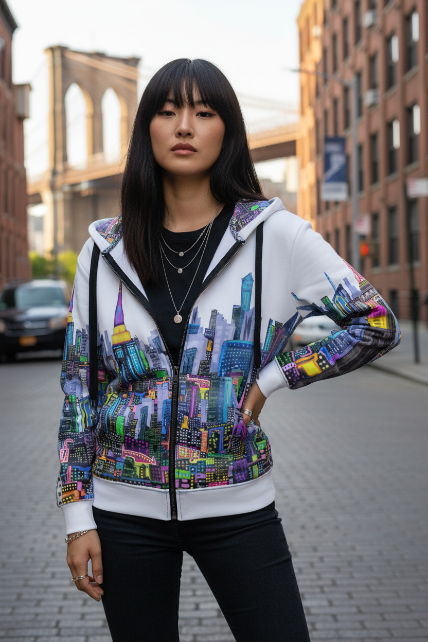 Person wearing a colorful  Loria NYC Art cityscape hoodie on a street with a bridge in the background