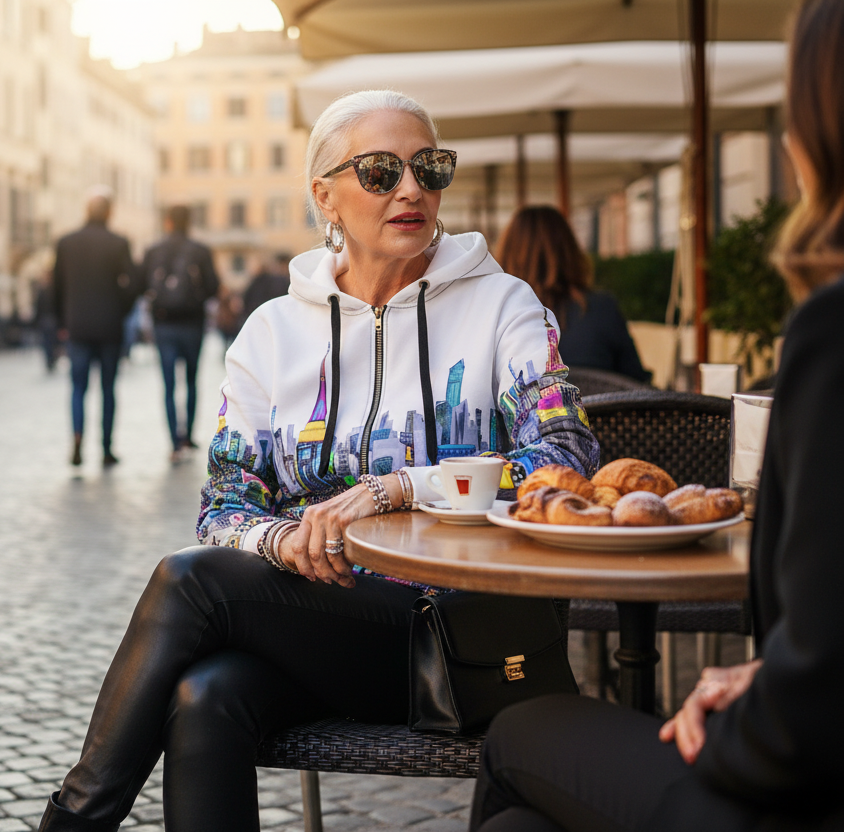 Woman wearing a colorful Loria NYC Art jacket sitting at an outdoor cafe table in a city street, enjoying pastries and coffee.