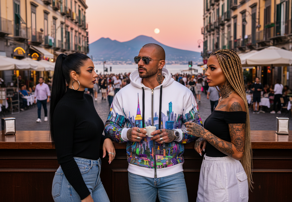 Man wearing a colorful Loria NYC Art hoodie together in an outdoor setting with a cityscape in the background