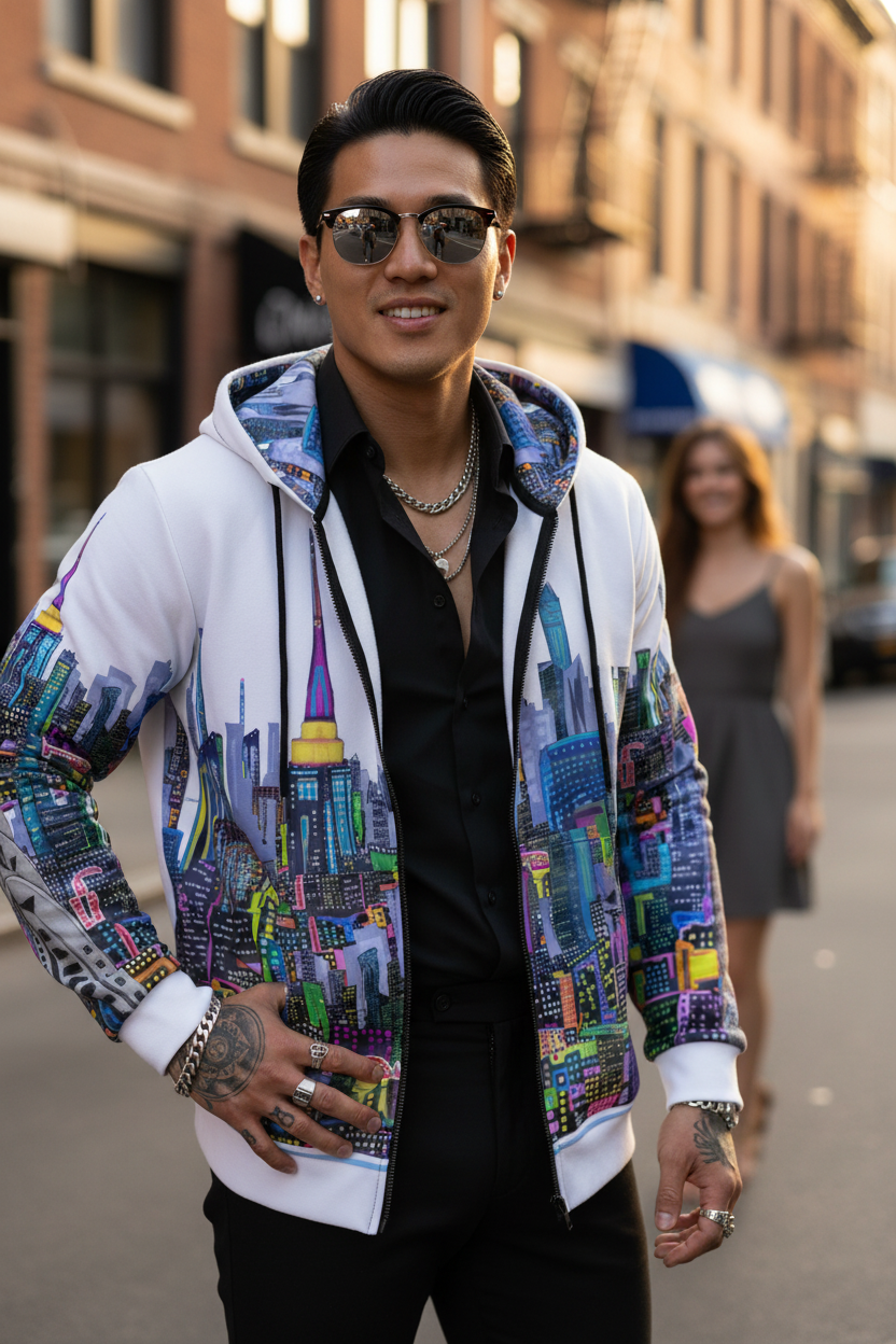 Man wearing a colorful Loria NYC Art  cityscape hoodie on a street with a blurred background