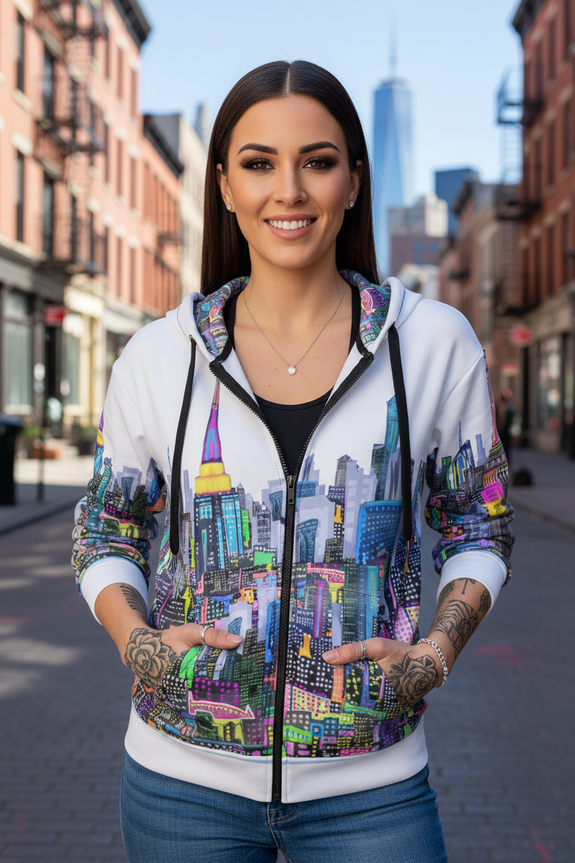 Woman wearing a colorful Loria NYC Art cityscape hoodie on a street with buildings in the background