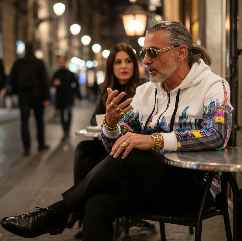 Man sitting at a table in an urban setting wearing a colorful Loria NYC Art hoodie