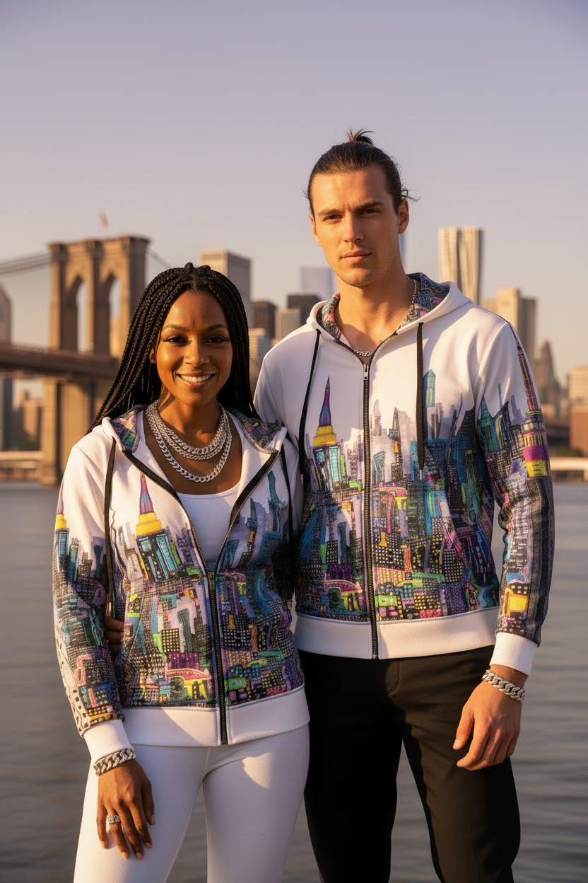 Two people wearing colorful Loria NYC Art cityscape hoodies with a bridge and water in the background