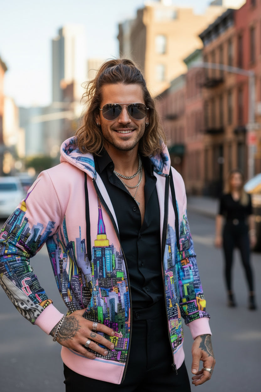 Pink hoodie with colorful cityscape Loria NYC Art design on a white background