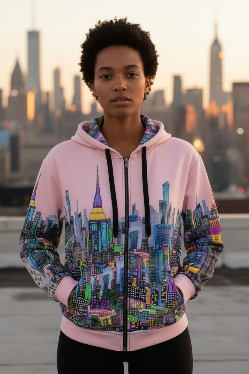 Person wearing a colorful Loria NYC Art hoodie with a cityscape design, standing on a rooftop with a city skyline in the background.
