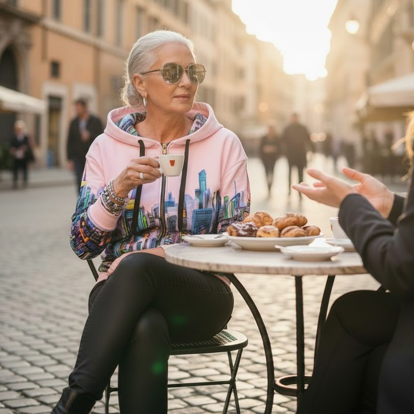 Two women sitting at an outdoor cafe wearing a colorful  Loria NYC Art hoodie in a city street, enjoying coffee and pastries.