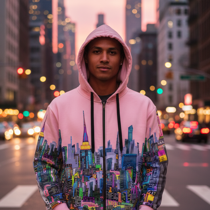 Person wearing a colorful hoodie with cityscape  Loria NYC Art design on a city street at night.