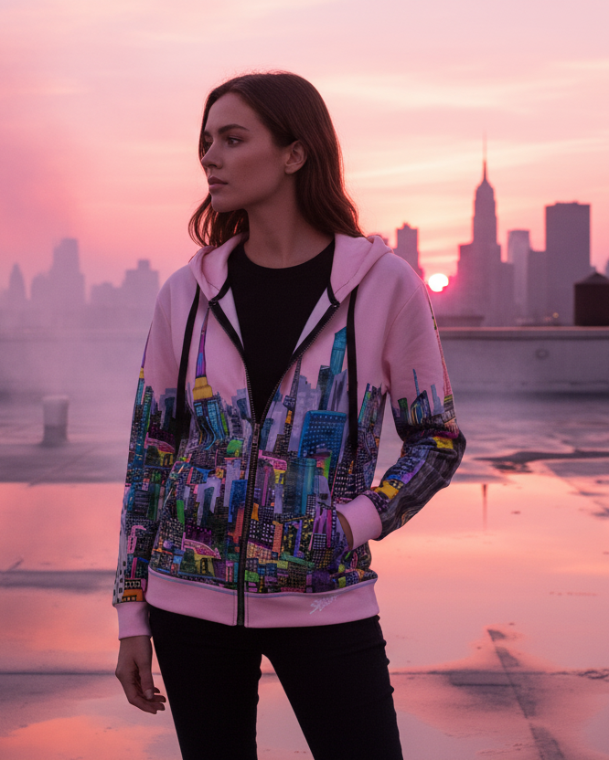 Woman wearing a  Loria NYC Art colorful jacket on a rooftop with a city skyline in the background during sunset.