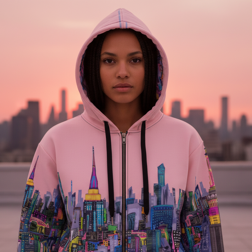 Person wearing a pink hoodie with a cityscape  Loria NYC Art design, standing on a rooftop with a city skyline in the background during sunset.