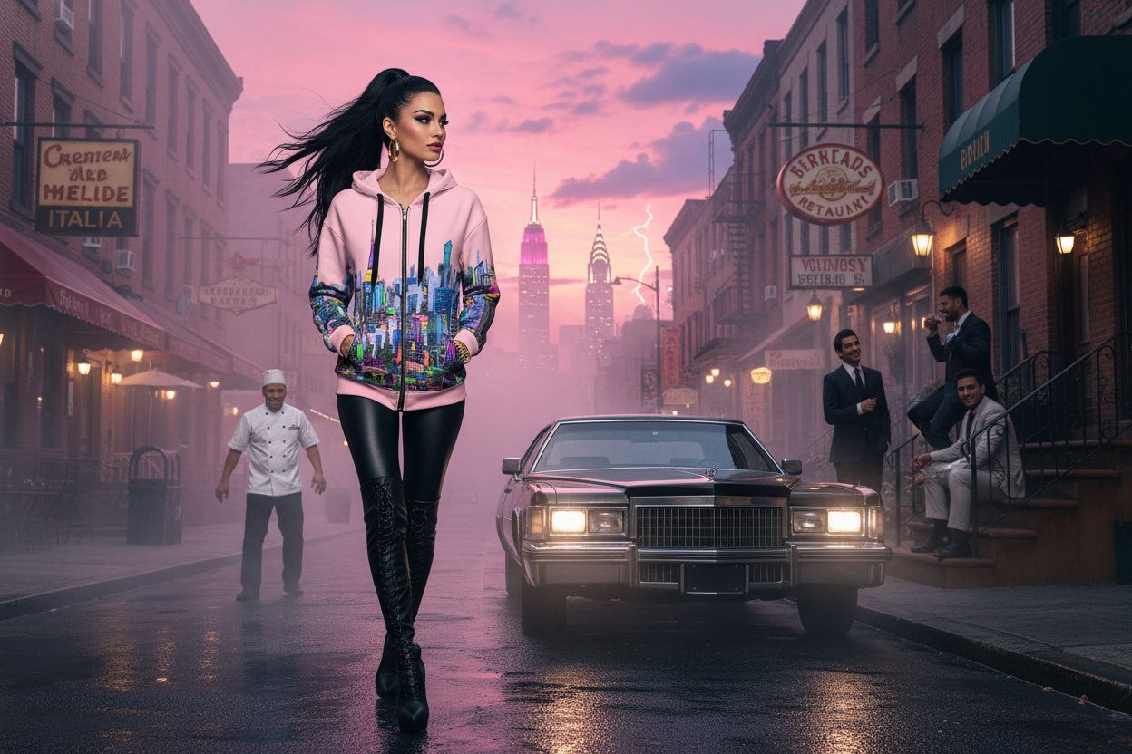 Woman in a colorful Loria NYC Art hoodie walking past a vintage car on a city street with a pink sky.