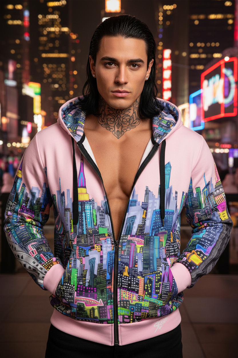 Person wearing a colorful Loria NYC Art hoodie with a cityscape design against a neon-lit city background