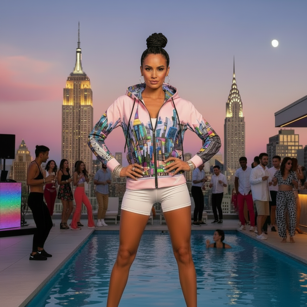 Woman wearing a Loria NYC Art posing by a pool with city skyline and Empire State Building in the background