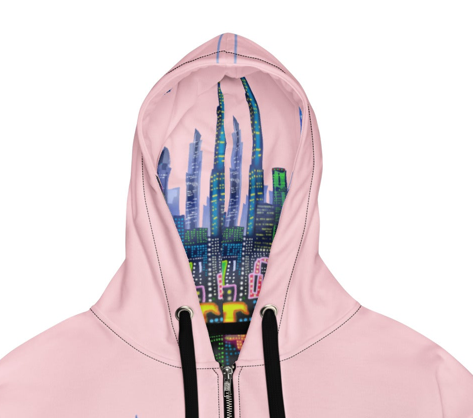 Pink hoodie with a colorful Loria NYC Art cityscape design on the hood against a white background