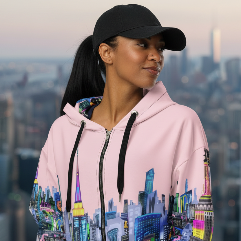 Person wearing a pink hoodie with cityscape Loria NYC Art design against a city skyline backdrop