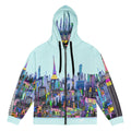 Hoodie with a colorful cityscape design by Loria NYC Art on a light blue background