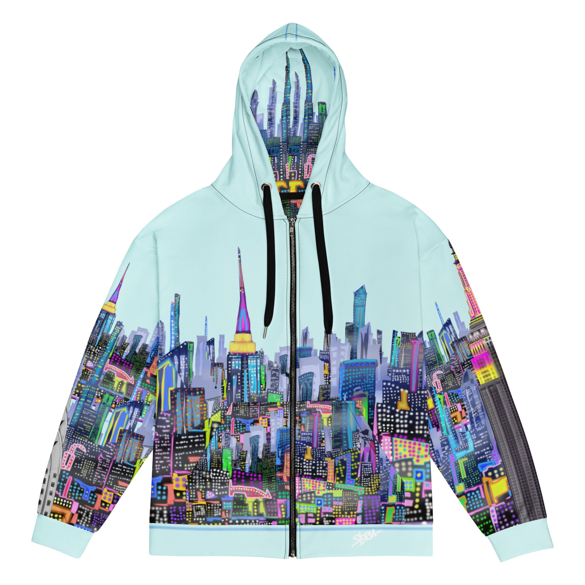 Hoodie with a colorful cityscape design by Loria NYC Art on a light blue background