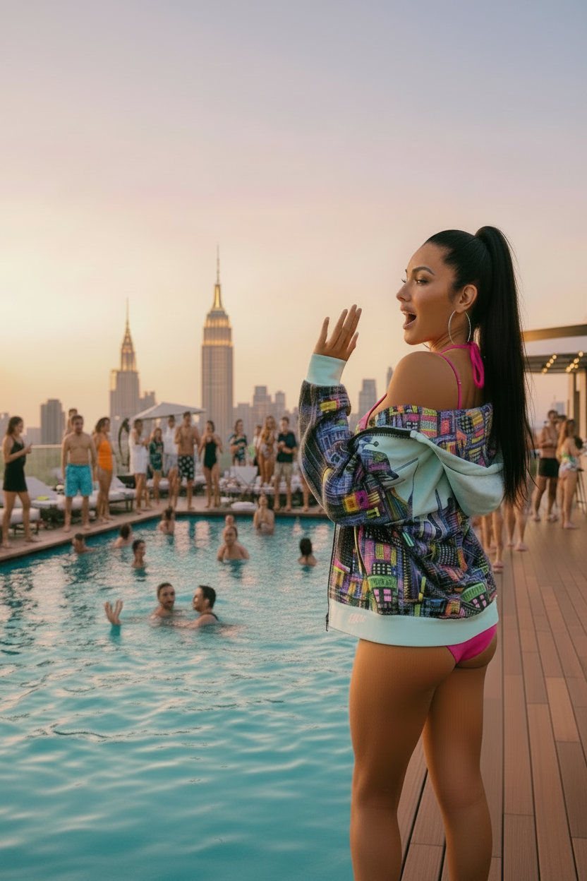 Woman standing by a pool wearing a colorful Loria NYC Art hoodie with city skyline in the background