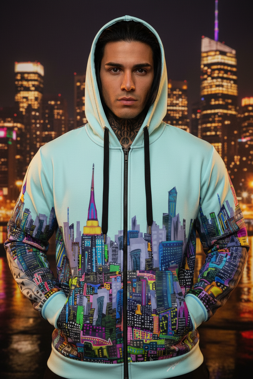 Person wearing a hoodie with a cityscape Loria NYC Art design against a night cityscape background