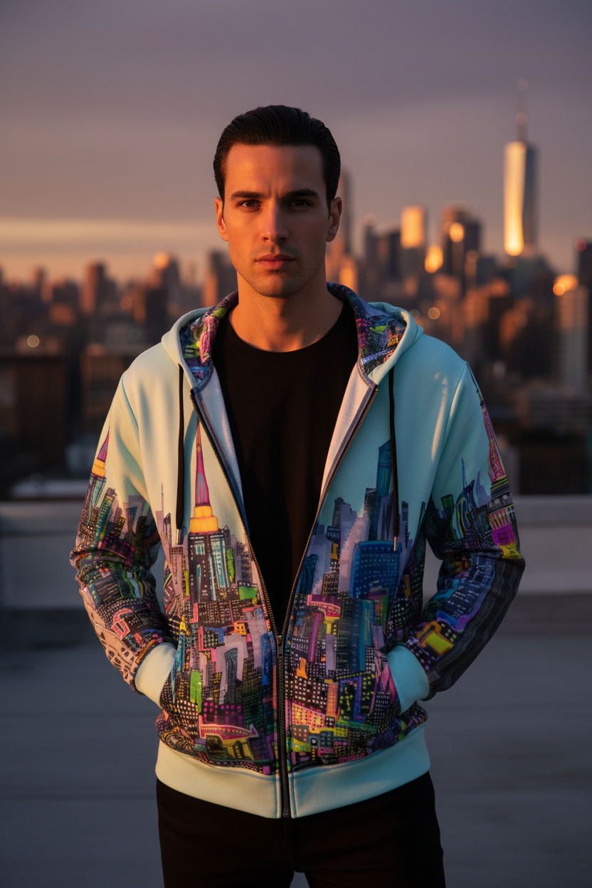 Man wearing a colorful cityscape Loria NYC Art hoodie with a city skyline in the background
