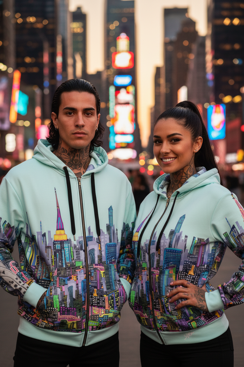 Two people posing in a colorful Loria NYC Art cityscape hoodies on a city street