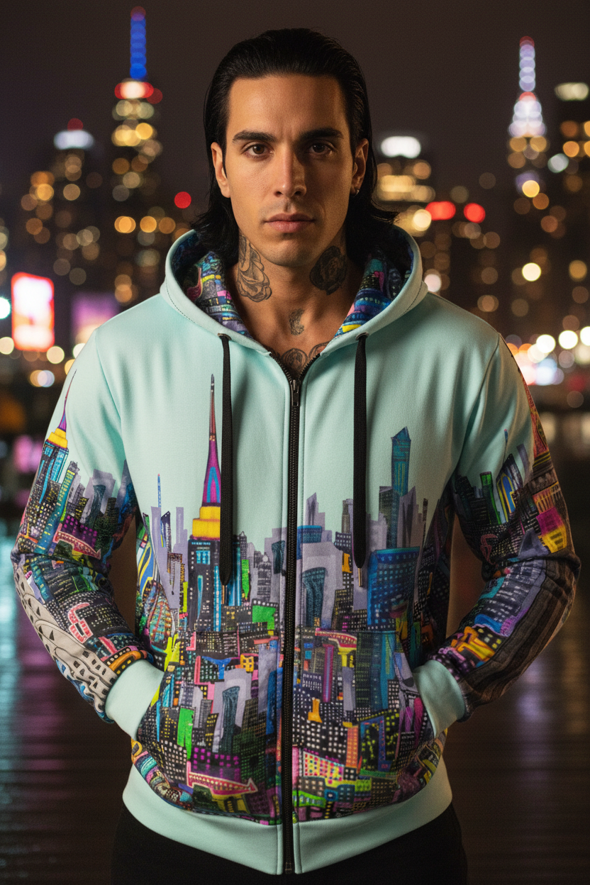 Man posing in a colorful Loria NYC Art cityscape hoodie on a city street